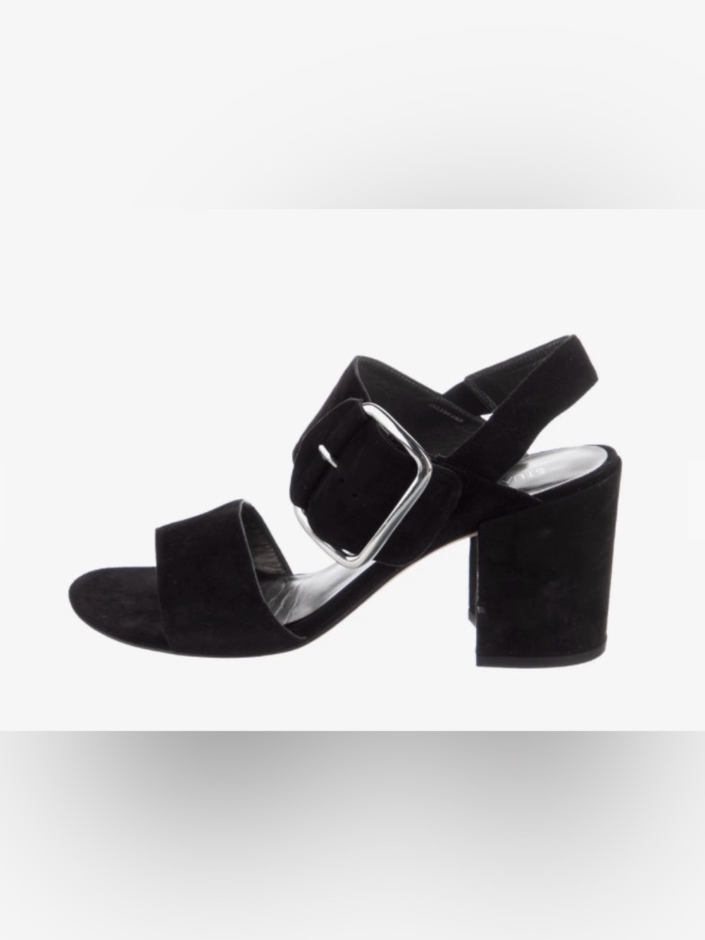 Stuart Weitzman Black Suede Block Heel Sandal Buckle Accent 6.5M